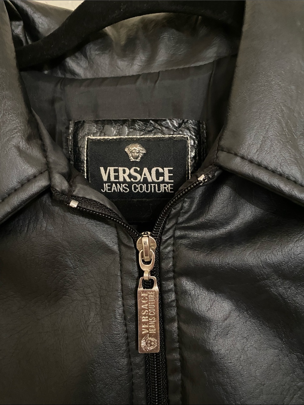 Versace Black Leather Jacket with Embroidered Logo - Picture 3 of 8